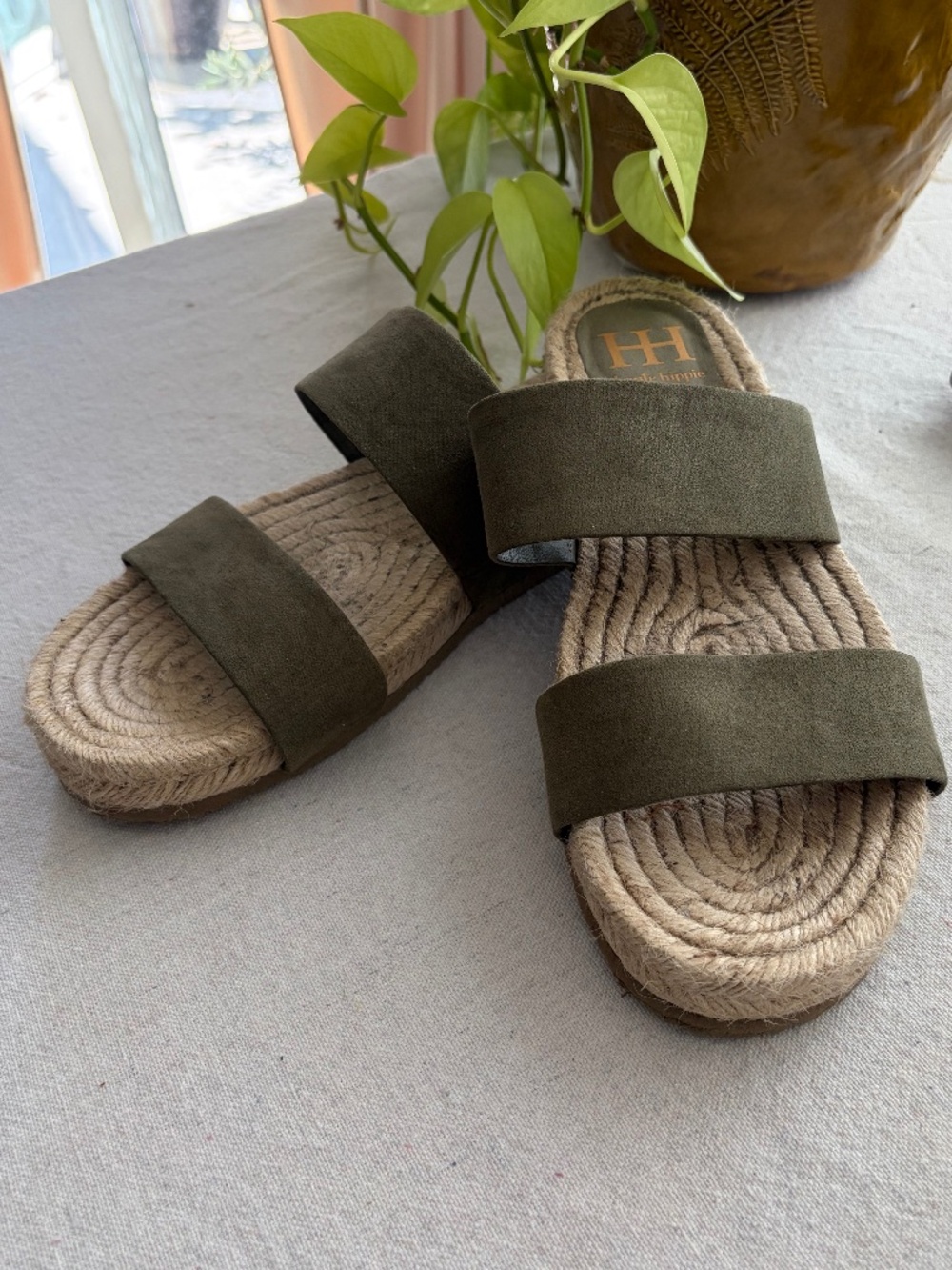 Haute Hippie olive green suede Espadrille style flat sandal.